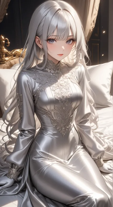 portrait、god々Shining light、( masterpiece, top quality, Ultra High Resolution ),Extremely detailed CG, Japanese woman with pale silver hair,(( beautiful face)),(( long sleeve long dress made of pale silver satin))、((The dress has a simple design without e...