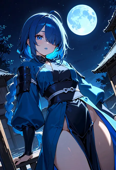 Blue Samurai girl, ahoge, long single braid, hair over one eye, Blue hair, blue eyes, blue lips, Walk through a deserted village, night sky, Blue full moon, cowboy shot, dynamic angle, 