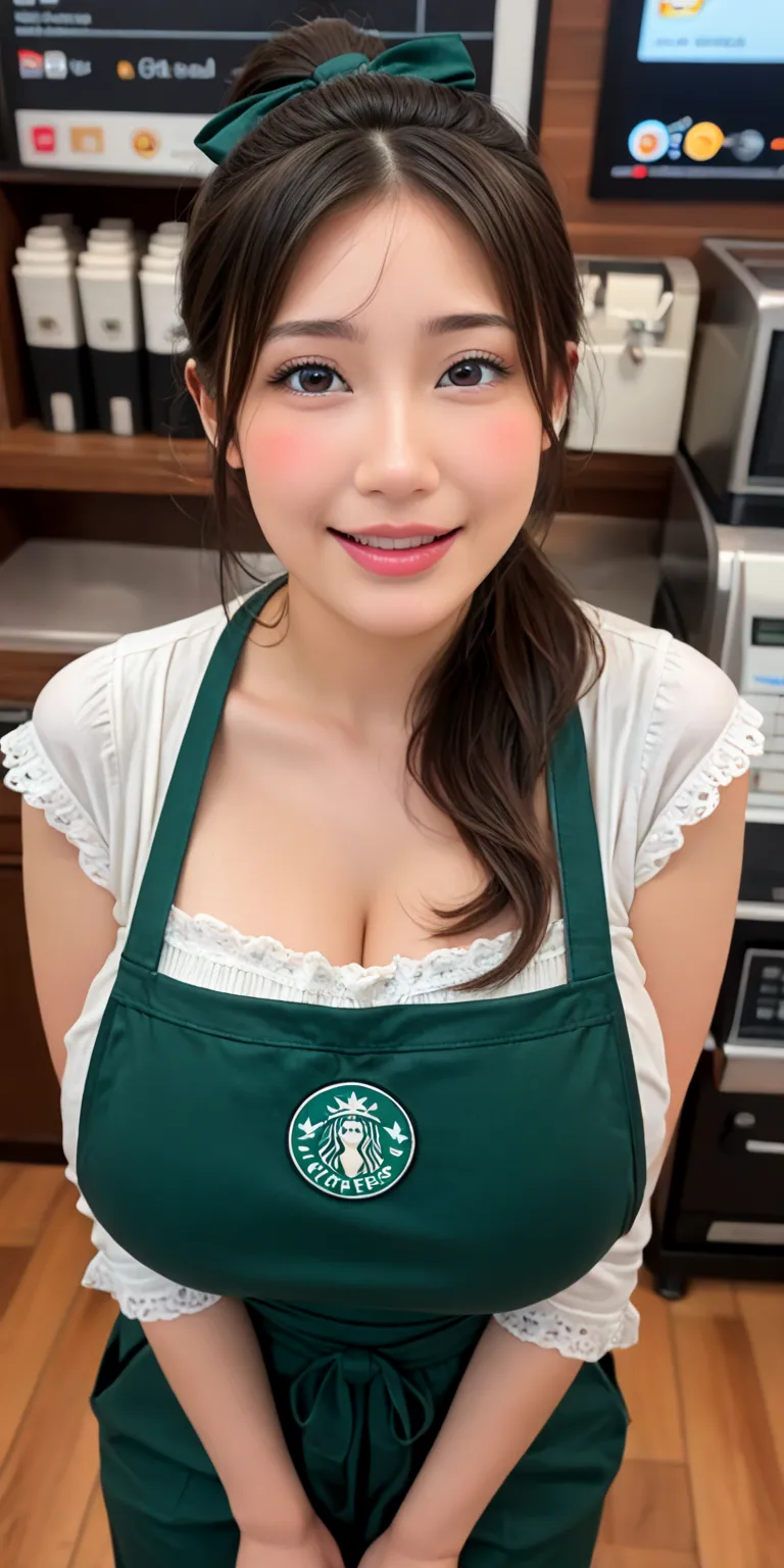 (highest quality),(((Photorealistic))), 8K, perfect composition,from above,(1 girl solo),at cafe,starbucks,((she is cafe clerk)),((standing in front of the cash register)),((hands between legs)),((turn face down)),((wearing frilly sweater,green apron,black...