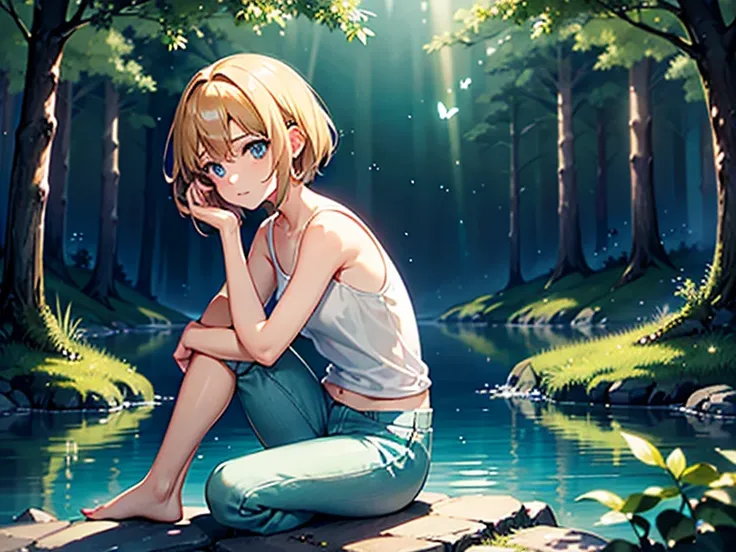  outfit,  Anime style/ manga inspired by Makoto Shinkai .  A 20-year-old girl with short blond hair ,  natural golden reflections and soft texture .  Her big heavenly eyes are expressive and reflect light with an angelic glow ,  transmitting joy and sereni...