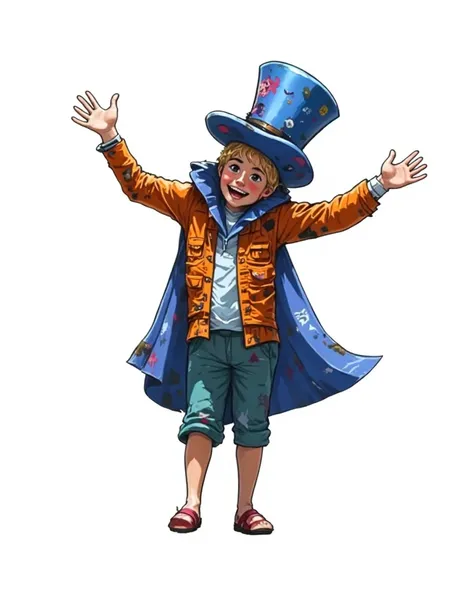 A laughing  mad hatter from alice in wonderland wearing hat and clothes made from recylcled plastic and garbage. Backlight from the left, in ren's book style. Light coming from the side above projecting a shadow on the ground