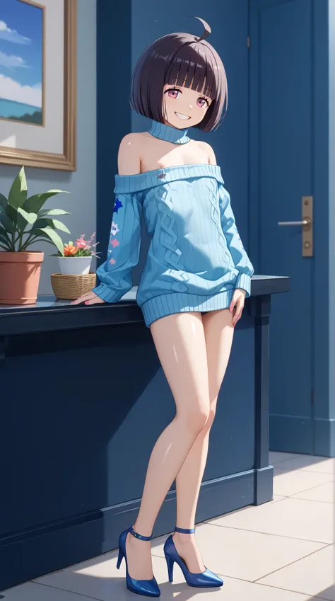 (UHD, retina, masterpiece, accurate, anatomically correct, super detail, high details,   highres, 1080P, 16k、high detail RAW color art:1.3)、(Chika Amateurs:1.3)、(ahoge, blunt bangs,bob cut、 short hair、dark hair:1.3)、(very flat chest:1.5)、(off-shoulder swea...