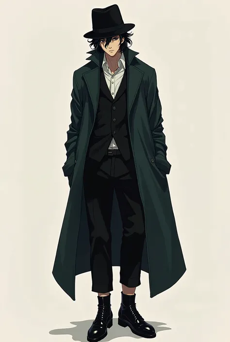  Main Character
clothes  :  Coat-Chesterfield ,  fedora hat ,  black cropped banana pants ,  brogue boots all black made of glossy leather ,  under the coat - black longsleeve ,  items that look like a cardigan 
appearance  :  hair - Wavy Curtains deep bla...