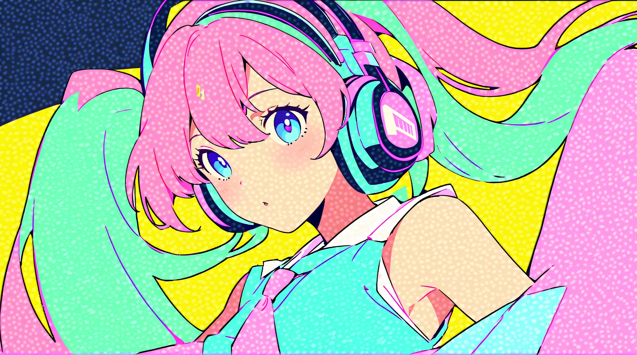  1 girl,  Hatsune Miku,  vocaloid,  blue eyes,  Lantern,  long hair,  Long Sleeve,  tie,  sleeveless,  sleeveless シャツ,  twin tails
pastel colors,  1980s Style , ((Retro,  vintage,   solid color headphones)) high contrast