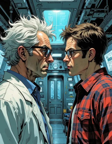 two men looking face to face , one of them is Dylan O'Brien with nerdy glasses and messy white hair, Dressed as a scientist and the other is a young 25-year-old Dylan O'Brien with nerdy glasses and a plaid shirt, the two look like twins in a laboratory-lik...