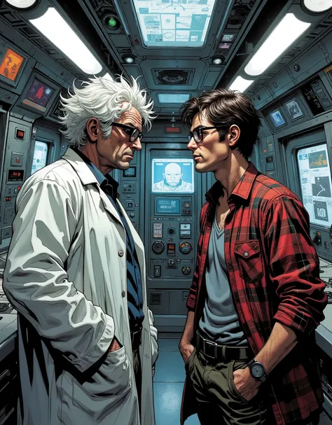 two men looking face to face , one of them is Dylan O'Brien with nerdy glasses and messy white hair, Dressed as a scientist and the other is a young 25-year-old Dylan O'Brien with nerdy glasses and a plaid shirt, the two look like twins in a laboratory-lik...