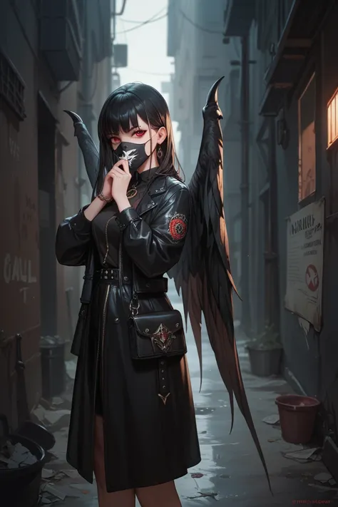 Girl with big wings in black with black hair,  Long and straight , with a mask that covers his mouth and black clothes in a dark alley with a dagger and red eyes 