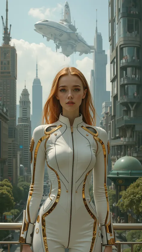 Front-facing close-up of a stunning young ginger woman with perfect, symmetrical features and a confident, visionary expression. She wears a sleek, futuristic white jumpsuit with high-tech golden accents, symbolizing the next era of human exploration and p...