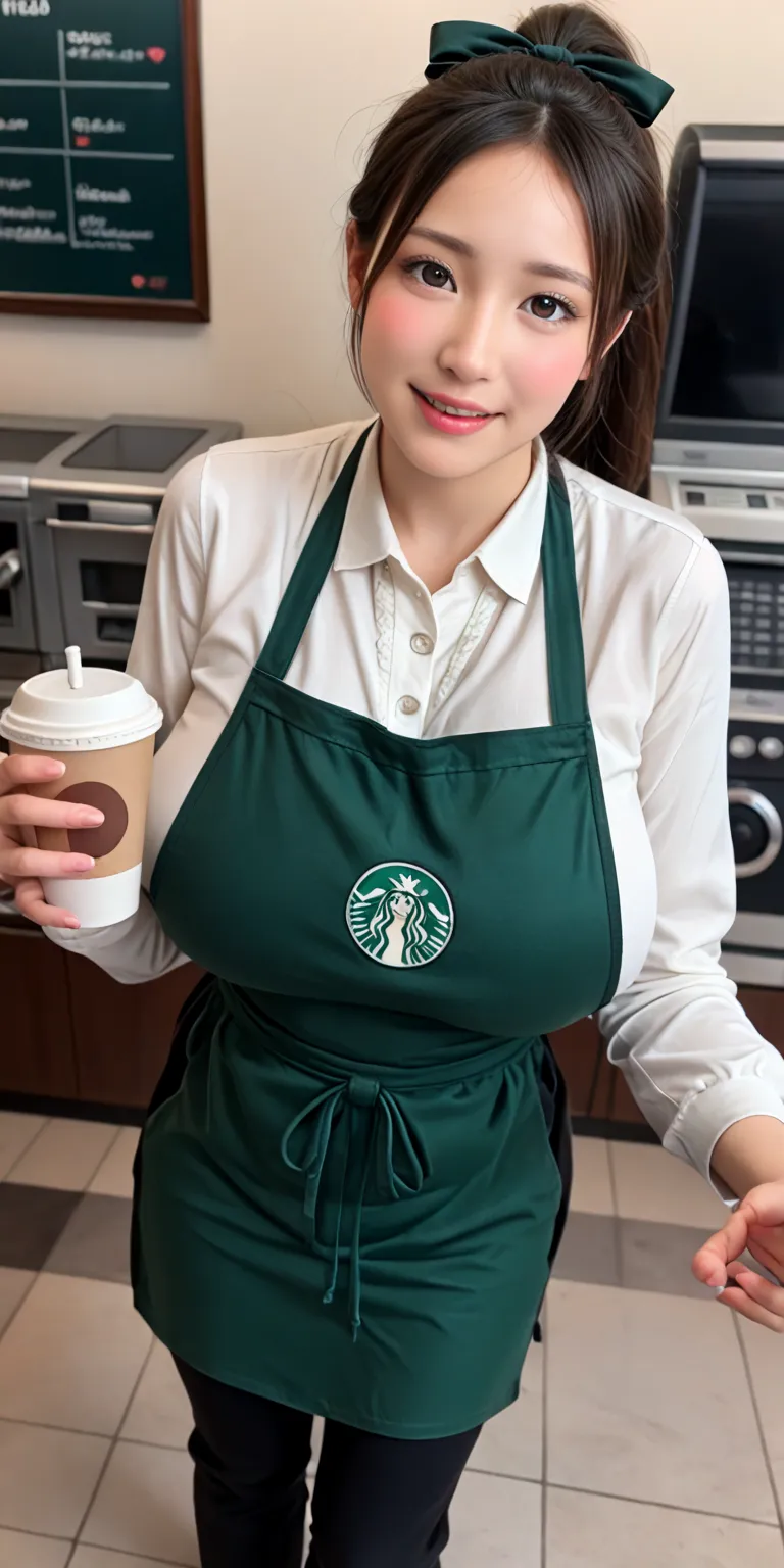 (highest quality),(((Photorealistic))), 8K, perfect composition,from above,(1 girl solo),at cafe,starbucks,((she is cafe clerk)),((standing in front of the cash register)),((reaching out hand)),((holding a cup)),((wearing frilly sweater,green apron,black s...