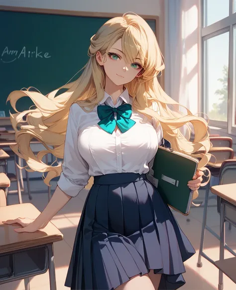 German,upper-class,glamorous,cute,tomboy,lady,elegant,(((Blonde,air intake hair,long hair))),emerald eyes.tsurime,Berlin in 1939,big breast,standing,Wearing a School uniform,The background is a classroom