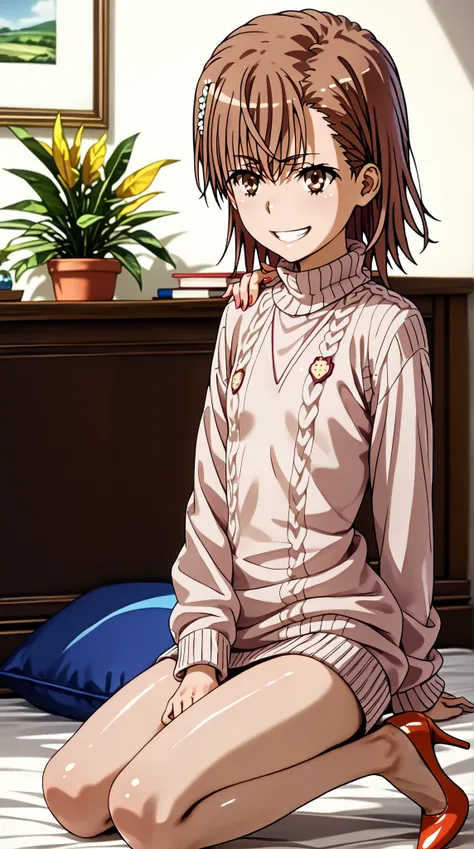 (UHD, retina, masterpiece, accurate, anatomically correct, super detail, high details,   highres, 1080P, 16k、high detail RAW color art:1.3)、 (misaka mikoto:1.3)、(short hair, brown hair:1.3)、(very flat chest:1.5)、(off-shoulder sweater、high heels、:1.5)、(shin...