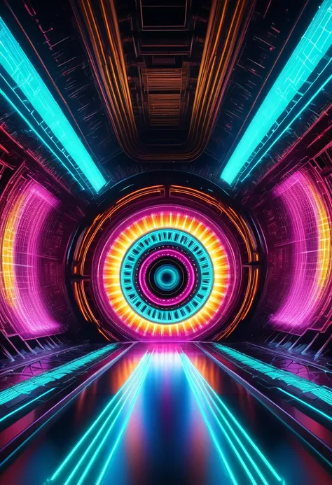 Futuristic science-fiction cinematic image, Kaleidoscope of neon lights and pulsating code in the particle accelerator.
