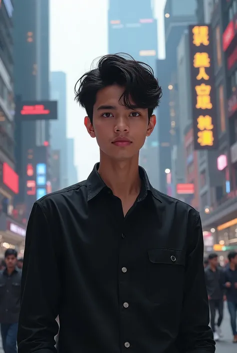 A young Caucasian indian boy 18 year with short black stulish hair wearing a black shirt and futuristic-looking in a crowded urban setting