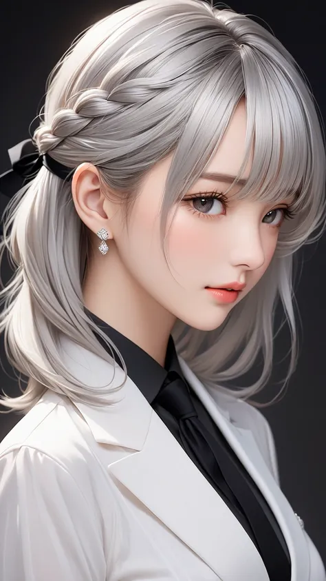  Face Up :2.5、 face、 simple studio background 、Blurred Background、 realistic肌感、 REAL SKIN FEELING、 the quality of her pores、 with intricately braided hair on the top of her head 、 with subtle beauty and sharp silver eyes 、 and a stunning silver-haired woma...