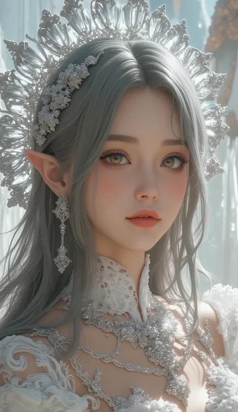 ( masterpiece, best quality: 1.4), detailed background, White Crystal, Crystal Cluster , long hair, jewelry, earrings, necklace, crown, bride, Gray Hair, halo,