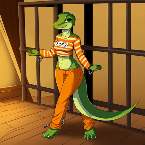 Solo, female, scalie, green eyes, lizard, smiling, green skin, green body, detailed hands, ((priclothes)), ((orange clothes)), prisoner, clothes, clothing, outfit, shirt, long sleeves, pants, full body, shackles,