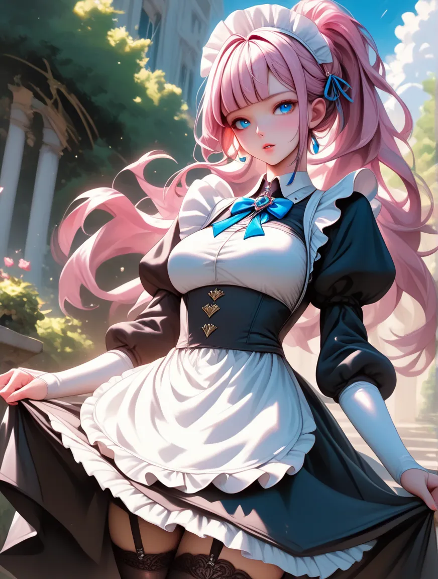 masterpiece, best quality, absurdres, highres, newest, 1girl, solo, f1cdf, blue eyes, pink hair, long hair, ponytail, sidelocks, blunt bangs, maid headdress, black feathered collar, blue brooch, medium breasts, maid, juliet sleeves, maid apron, bridal gaun...