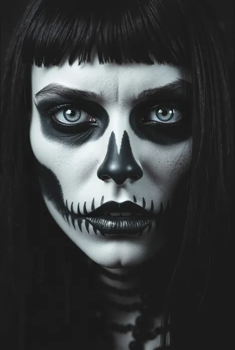 High-definition black and white close-up portrait. Striking black metal woman with pale skin and intense white eyes. Black  paint creates a skeletal effect. Long black hair. Dark background, dramatic lighting. Supernatural, ethereal feeling.

