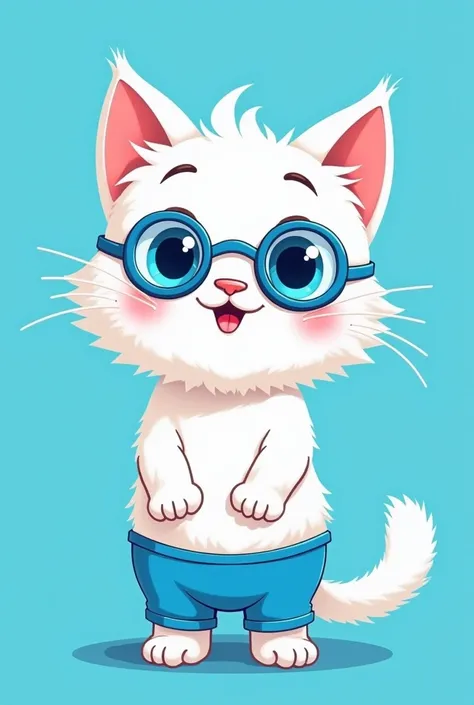 Create a cartoon image of a white cat with big blue eyes, wearing blue goggles and blue swimming trunks, blue background.