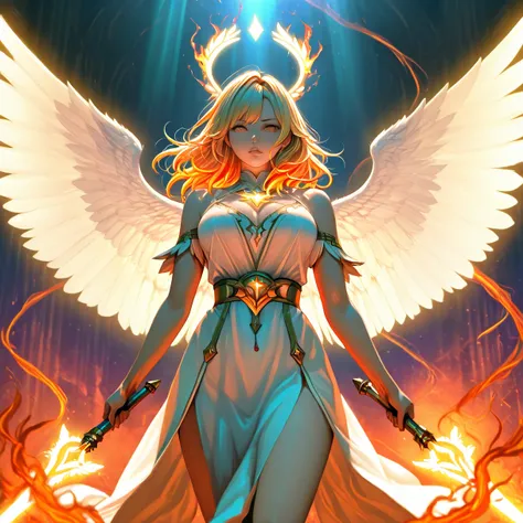 a beautiful guardian angel, divine flames, highly detailed and perfect, 4k, masterpiece, cinematic lighting, volumetric light rays, angelic wings, glowing halo, dramatic pose, ethereal atmosphere, vibrant colors, intricate details, photorealistic, seamless...