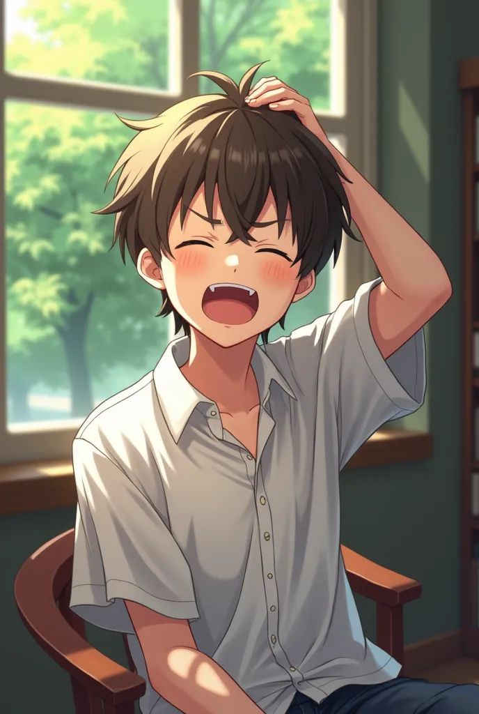   is a picture of a twentysomething anime boy who is in the library and the atmosphere is bright and behind a window with green trees. The boy laughs very hard and his sweet eyes appear with his eyes closed and his hand holds his head laughing very much wh...