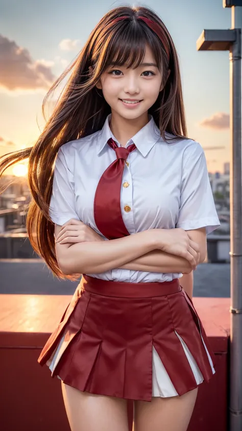  Masterpiece, top quality,1 person,cowboy shot, FRONT MAP , young and cute Japanese woman ,(well-proportion:1.3),小さなsmile,after school,(rooftop),((Bright Red Sunset:1.5)),(In the Wind :1.5),( with thin, golden, straight hair:1.5),( skirt flipping :1.5),( h...