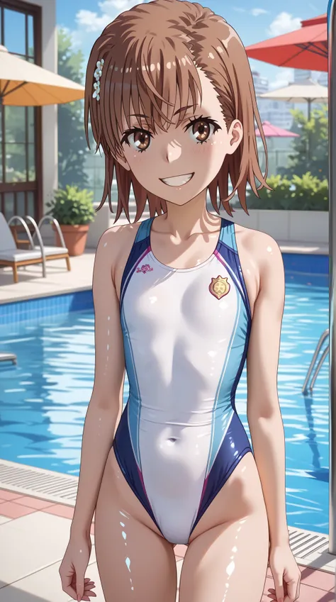 (UHD, retina, masterpiece, accurate, anatomically correct, super detail, high details,   highres, 1080P, 16k、high detail RAW color art:1.3)、 (misaka mikoto:1.3)、(short hair, brown hair:1.3)、(very flat chest:1.5)、(competition swimwear、pool:1.5)、(shiny skin:...