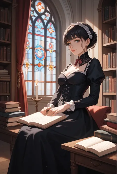 2d anime image of stylish, charismatic woman with very long, black,  hair , sitting in the library among books.. Very cold view,  mystical aura .  She is wearing a beautiful, formal black dress. The decor in the room is reminiscent of Victorian style — hea...