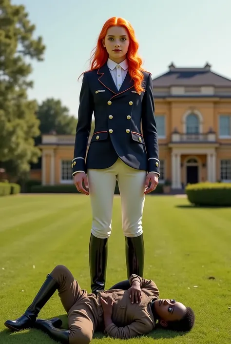 English girl with riding suit, orange hair.she was standing. An african boy dress in rags was prostrated on the floor girl stepping african boy.background a luxury house outdoor.