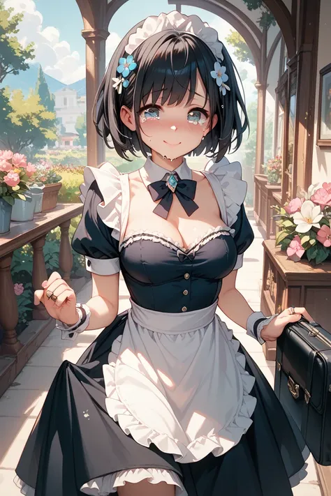 uncensored black hair, short hair, flower ornaments, beautiful breasts, cute smile, smart maid clothes, happy blush, getting proposed, diamond ring in a case, happy crying