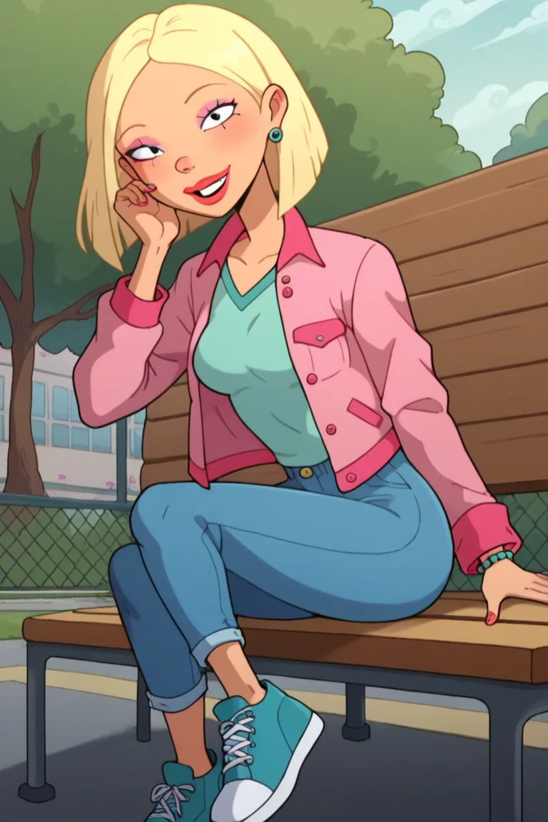 score_9, score_8_up, score_7_up, 1girl, Courtney, blonde hair, short hair, bob cut, makeup, lipstick, small breasts, looking at viewer, school background, pink jacket, turquoise top, light blue jeans, blue paltform shoes, smile, highres, high quality, mast...