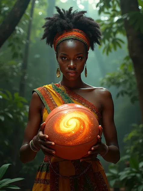 a black woman dressed in african designed clothes holding a fire lit basketball in middle of the jungle. Zoom into the fire lit basketball and we see a beautiful galaxy with the stars shining  luminous light onto the court. 32k, ultra HD, unreal engine ren...