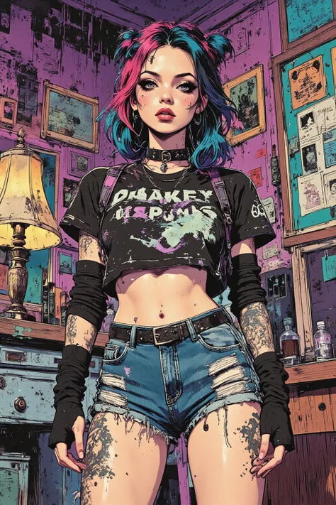 solo, 1girl,black haired girl female delusional art ,t-shirt, New Album Jacket , Great Job !! ,HD ,  there is a black haired girl hanging out in a stoner den living room , long and short hair in random colors , cropped graphic tea with holes（ denim cutoff ...