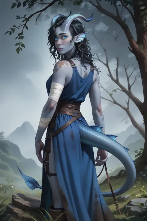 (Cedar tree is tall next to it), (1 adult Tiefling girl,  dark blue-gray skin :1.7), (35 years old:1.5), (One:1.3), (a curl of black hair covers the right eye:1.4), ( a view from behind, how to pick fruit from a tree:1.3), ( heterochromia: right eye is bla...