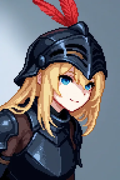 A tall woman in black armor, a black helmet with a red feather, Your face is clearly visible, face with a light smile ,  long hair through the helmet,  blonde hair,  blue eyes,