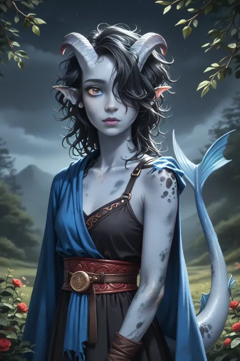 (Cedar tree is tall next to it), (1 adult Tiefling girl,  dark blue-gray skin :1.7), (35 years old:1.5), (One:1.3), (a curl of black hair covers the right eye:1.4), (eats beautiful big juicy fruit by the tree:1.4), ( heterochromia: right eye is black:1.4),...