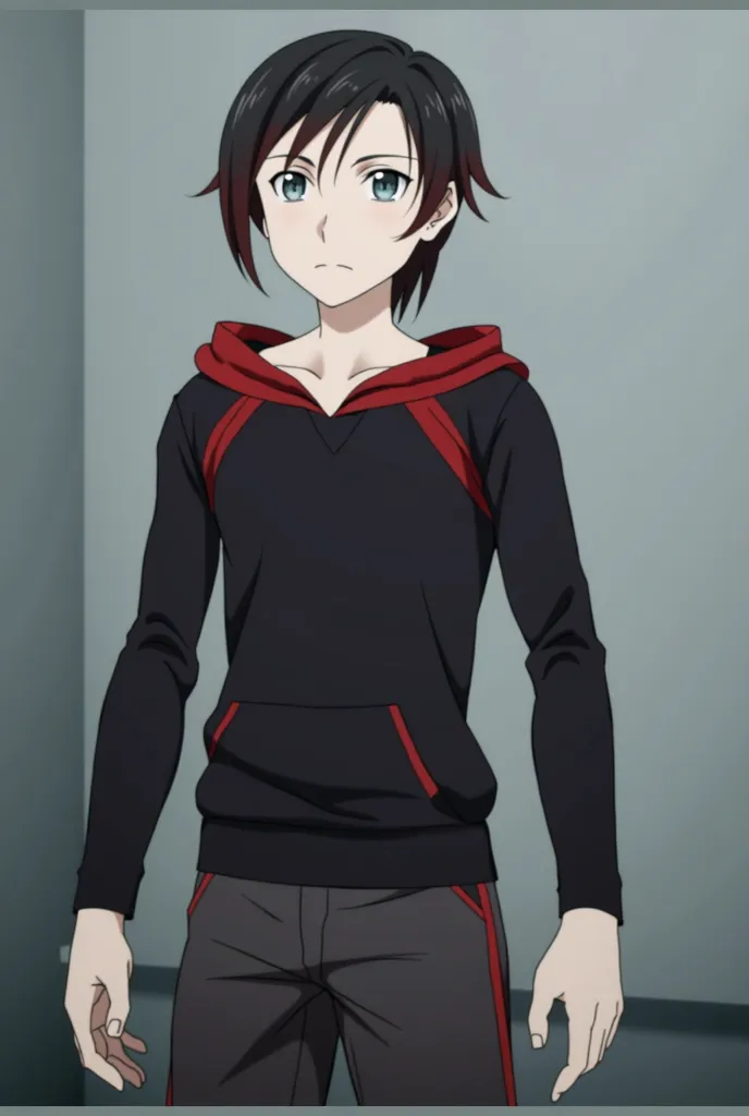 Anime guy, with silver eyes, black hair with red highlights, from sword art online, wearing fantasy black clothes, armor chest plate, red cape