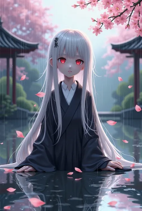 White hair, red eyes, they, in the rain, Japanese, anime