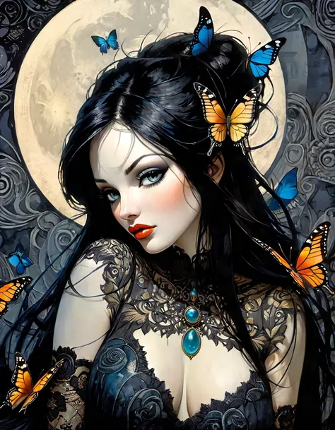 Curvy girl, medium fat girl, Embroidered fabric, floral, moon, sexy girl with very long black hair, butterflies, black and white sketch style, art inspired by Bill Sienkiewicz and Dave McKean, (best quality, 4k, 8k, high resolution, masterpiece: 1.2), ultr...