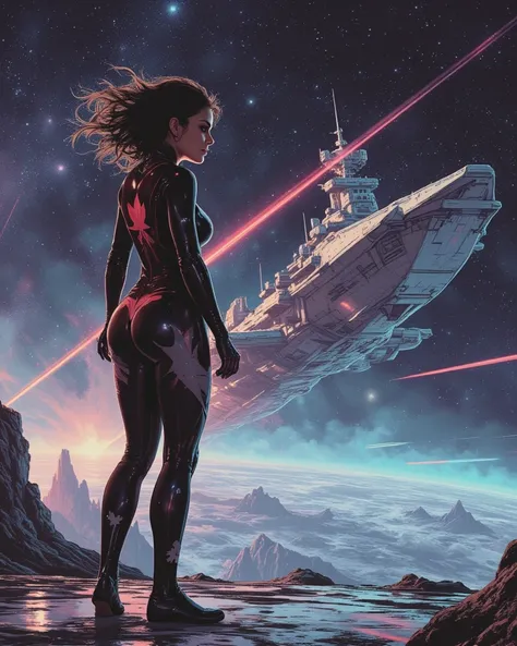 An illustration of a beautiful sassy Canadian Sexy space cadet Woman stands on deck of a futuristic starship. She's wearing a Sexy open front lycra space bodysuit costume with inset Maple leaf. She is shooting lasers at the other space ship called the USS ...