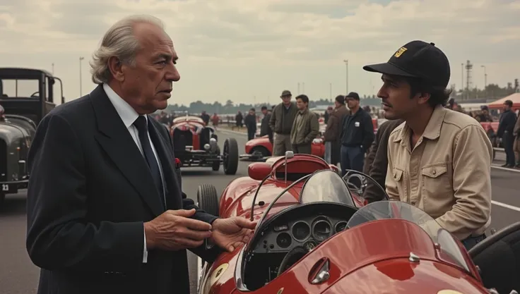  an old photo of Enzo Ferrari wearing a black suit and tie with a cigar in his hand, talks to a driver in a padok while racing next to an old racing car and mechanics,




