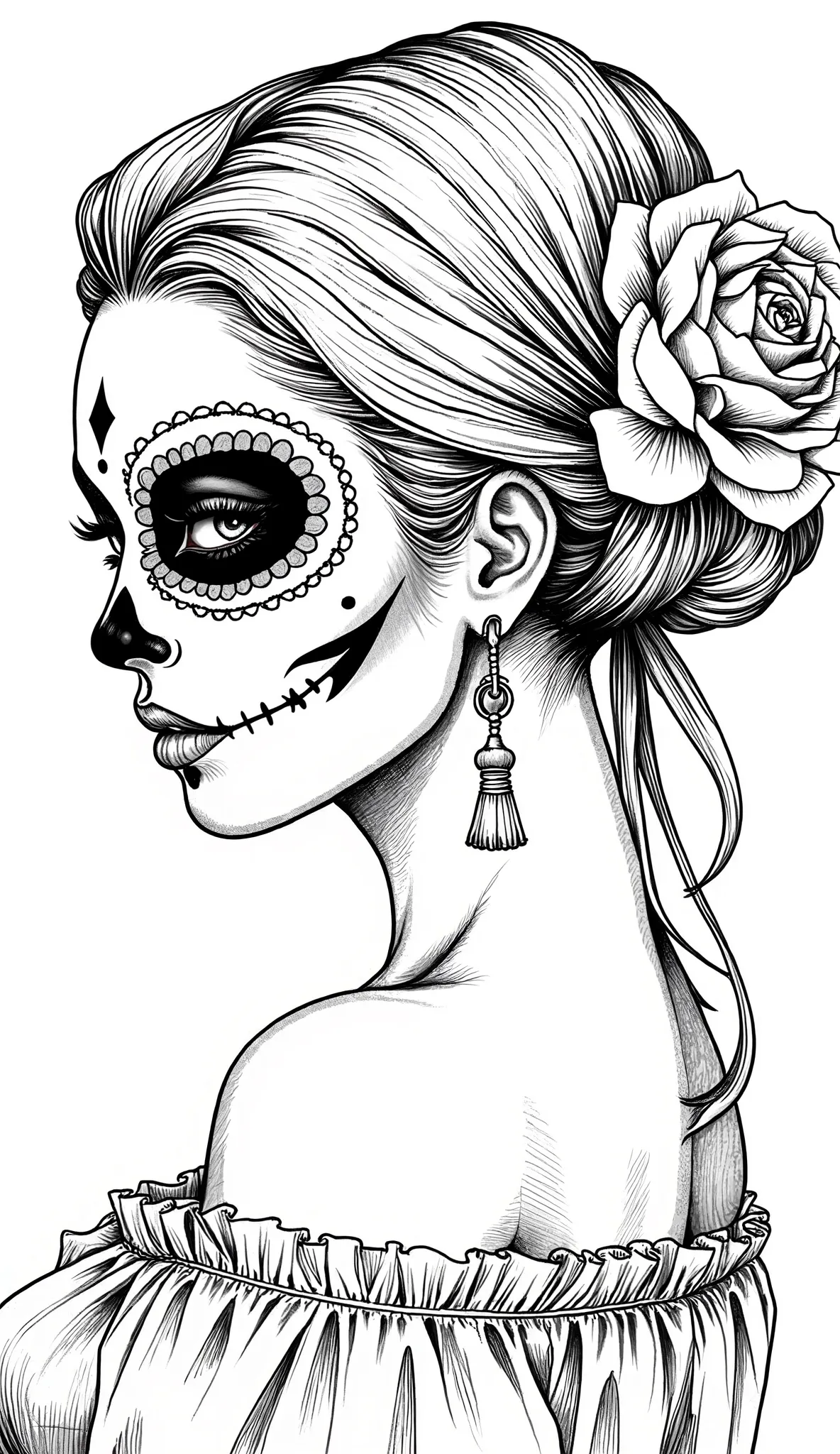  Draw a beautiful Mexican woman with Santa Catrina makeup on her face,  black paint around her eyes , with a single rose in her hair , Ruffle hair ,  Day of the Dead, Mexican tradition,  black color on a white background,   black and white, symmetry,  prof...