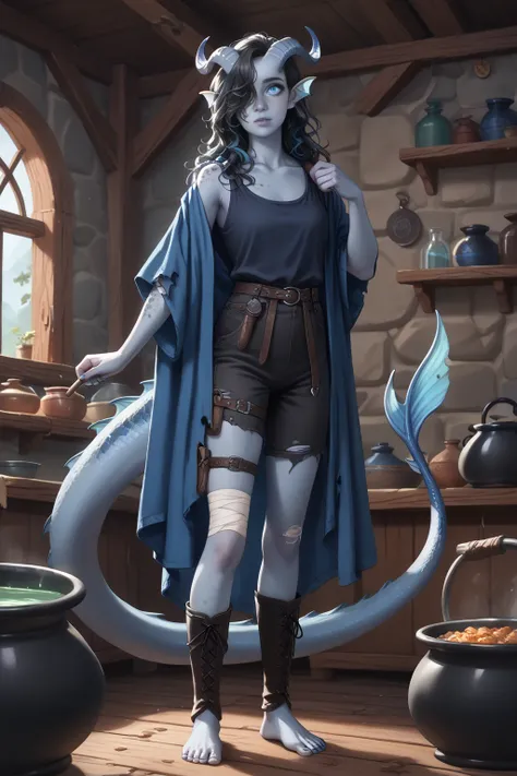 (Cedar tree is tall next to it), (1 adult Tiefling girl,  dark blue-gray skin :1.7), (35 years old:1.5), (One:1.3), (a curl of black hair covers the right eye:1.4), (cooks food while standing behind a cauldron in the witch's hut:1.4), ( heterochromia: righ...