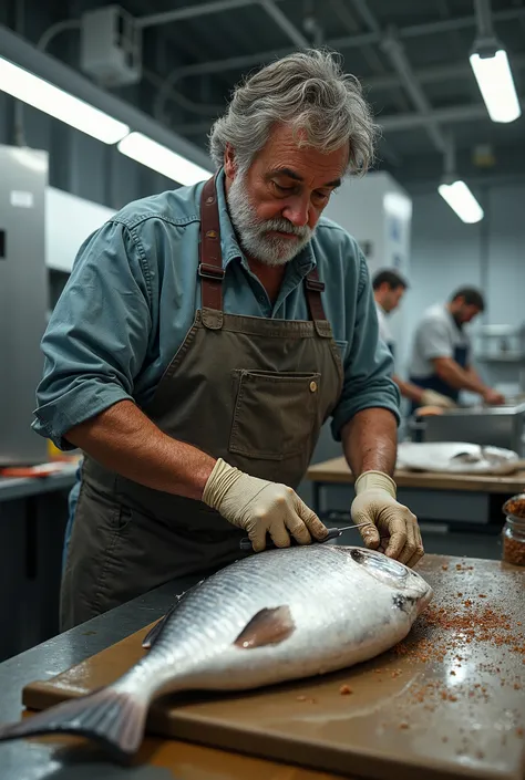 Guy cutting fish in company 
