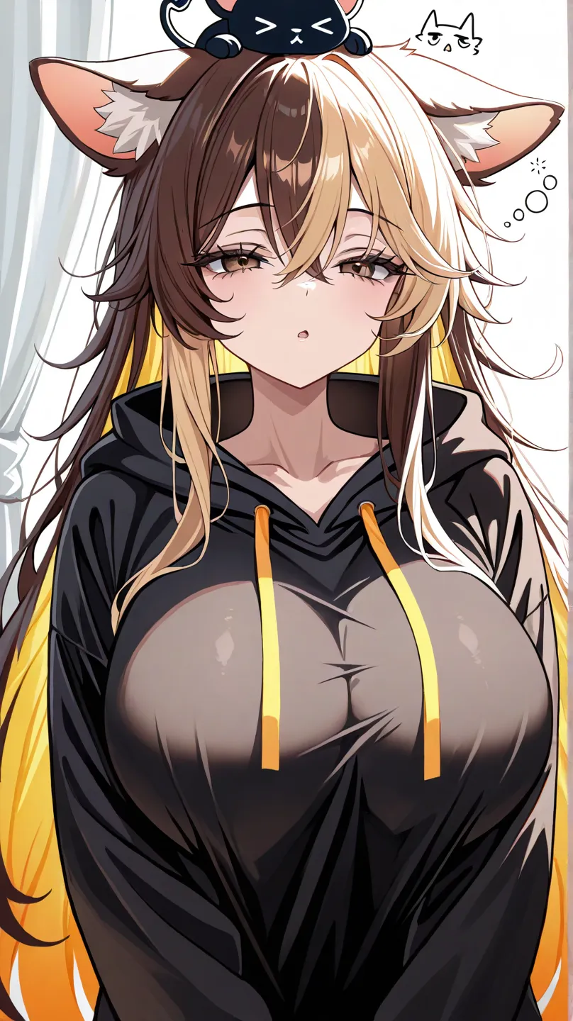  1 girl,  eyelashes, random expression:0.6, sleepy face, very long hair, beauty, multicolor hair , big breasts,  Gold, clavicle,  hair between eyes,  brown eyes, side,  Aside, Masterpiece,  best quality,fur, chemo mimi, black hoodie ,Beast ears on the head