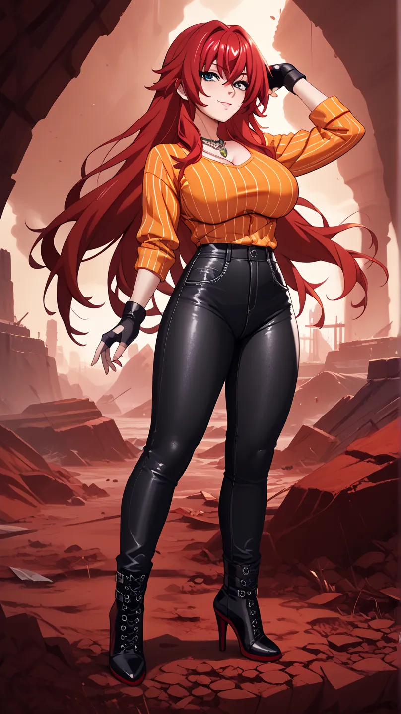   Sexy rias gremory, UHD, wearing orange long sleeve shirt with short abdomen,  black leather pants , high heel shoes,  fingerless gloves , necklace,  red hair,  long hair,  big breasts, voluptuous, In a reddish wasteland, pose sexy,  of foot, pose sexy,