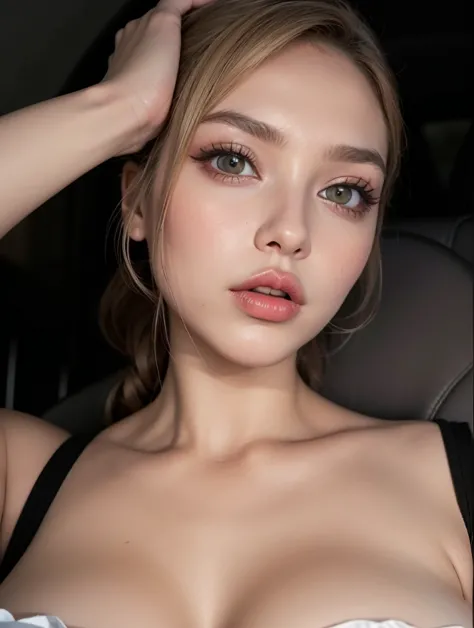 arafed woman with big breast sitting in a car, face like ester exposito, portrait sophie mudd, thick lips, instagram model, bella poarch, huge lips, jaw dropping beauty, large full lips, sexy lips, sexy face, lips wide parted, large lips, parted lips, sexy...