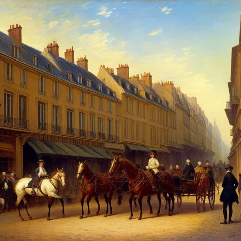 cinematic 1770, 18th century, Paris streets, crowd of people, carriage with horses, fragonard period, late evening, circa 1770, vibring color, style of Andreas Achenbach, monet,  oil painting, style of Andreas Achenbach