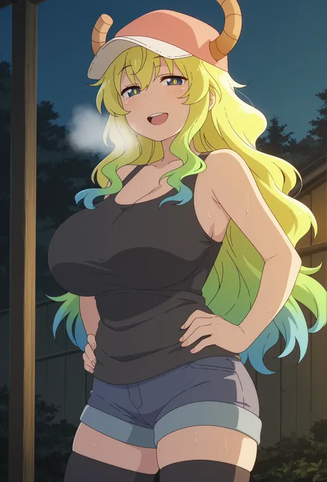 1girl,solo,mm,mature female,blonde hair,green hair,multicolored hair,gradient hair,long hair,dragon horns,dragon girl,large breasts,anime coloring, hat,horn through headwear,tank top,shorts,black thighhighs, hands on hips, looking at viewer, smile, outdoor...