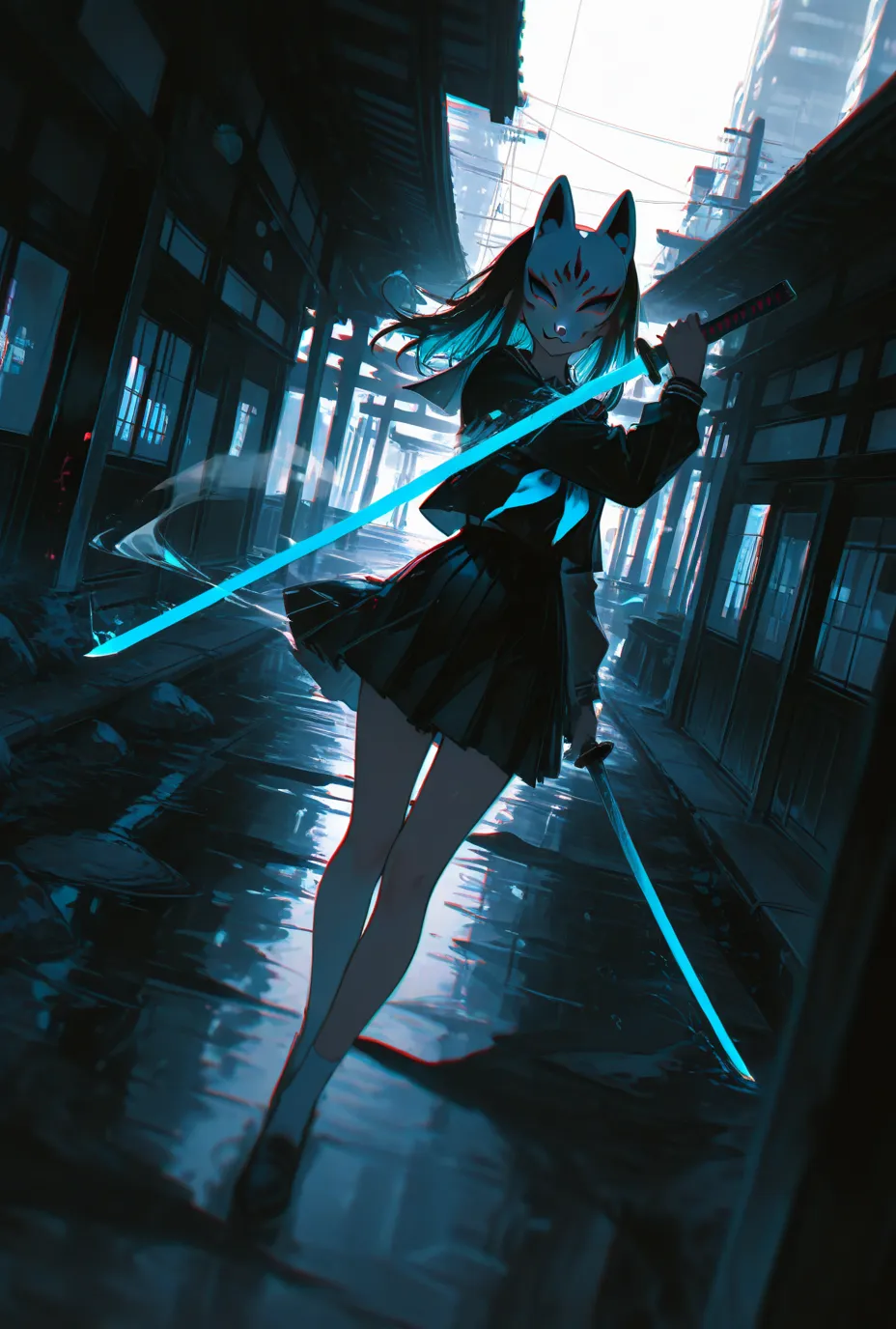 masterpiece, best quality, amazing quality, very aesthetic, absurdres, newest, scenery, 1girl, dutch angle, pose, fox mask, school uniform, holding katana, motion blur, motion lines, hazy air, dark theme, hdr, (chromatic aberration, polarized:1.2), vivid c...